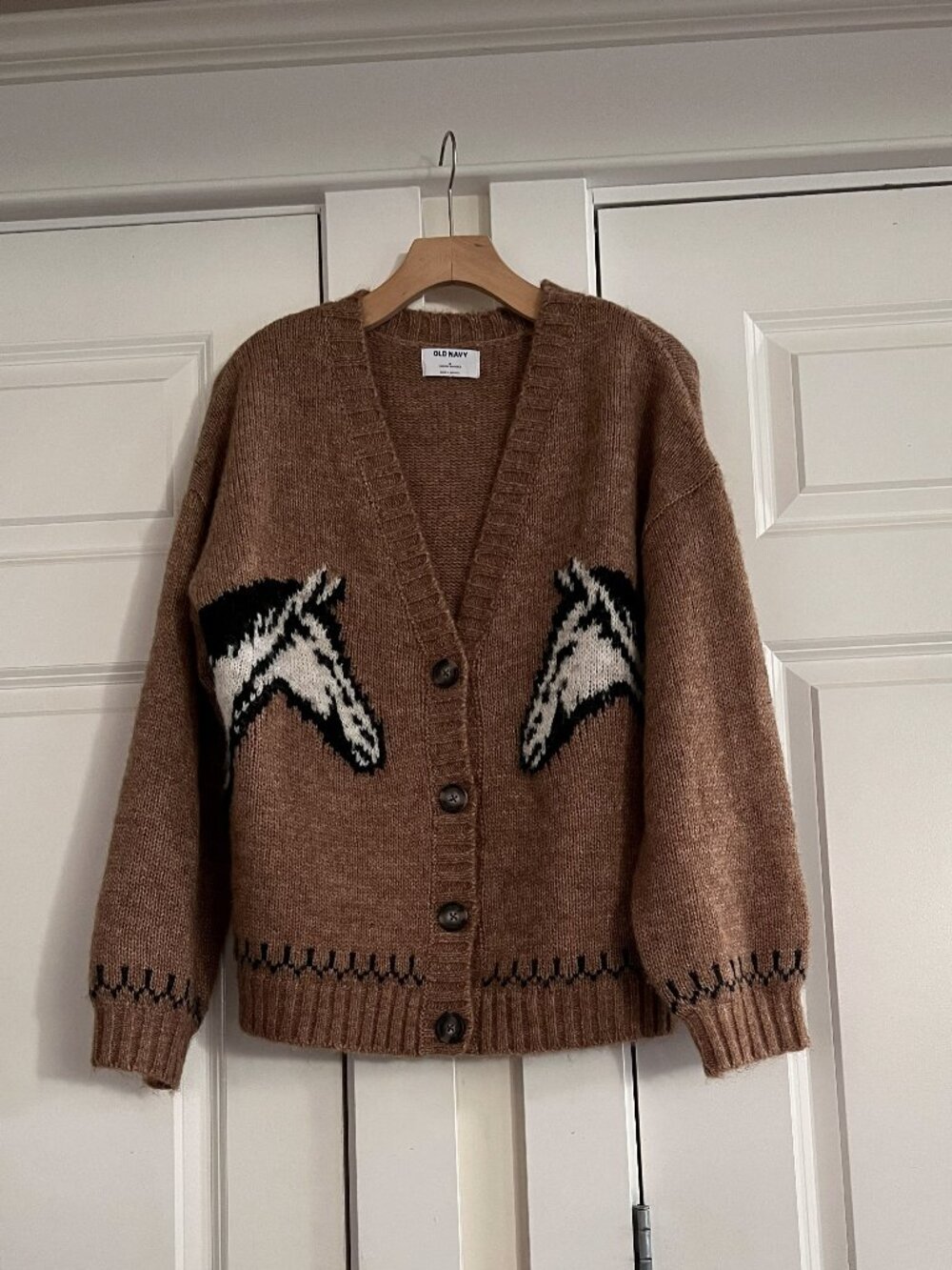 Old Navy Western Horse Print Cardigan Sweater M Camel Brown Wool Blend